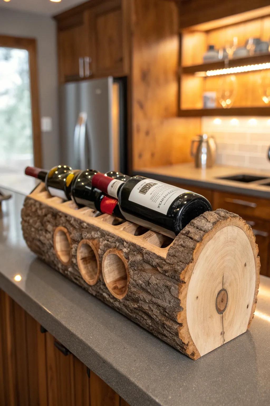 Elevate your kitchen decor with a handcrafted log wine rack that combines rustic allure with modern elegance.