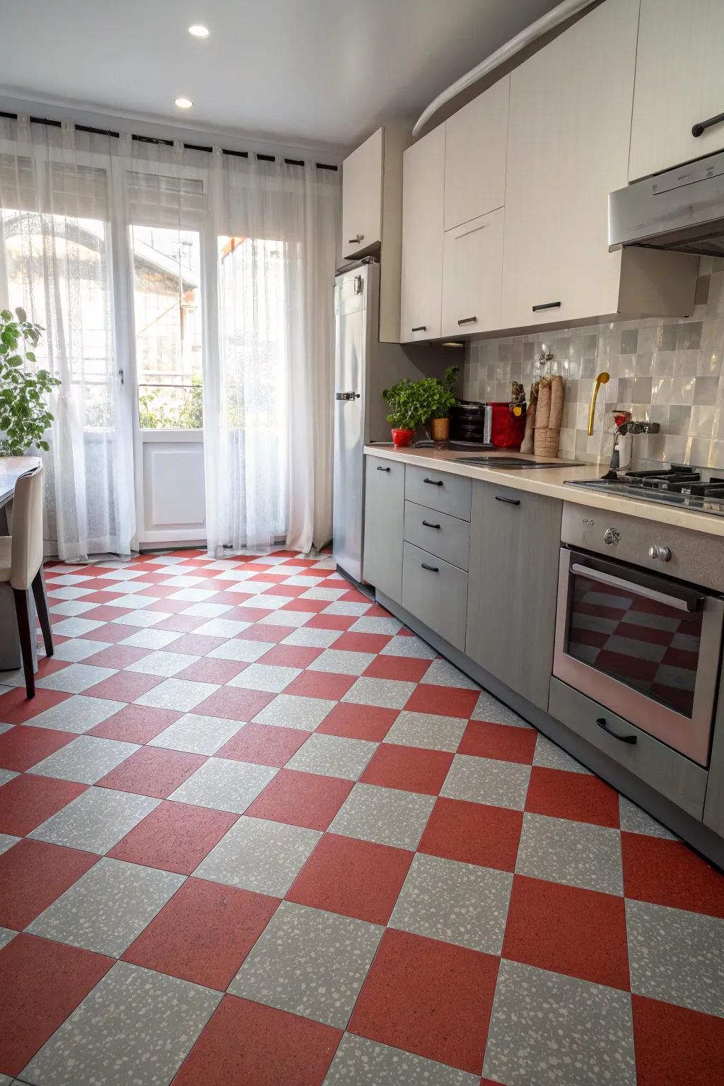 Retro-inspired grey and red checkerboard flooring adding playfulness.