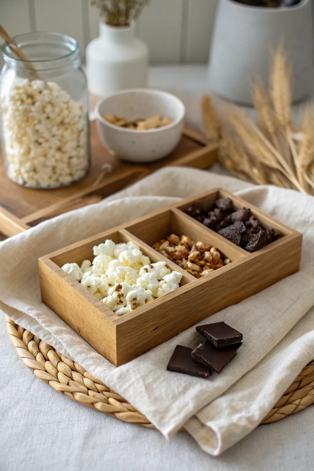 Indulge in the perfect balance of sweet and salty with this elegant mix of sea salt popcorn and dark chocolate, ideal for a cozy night in.