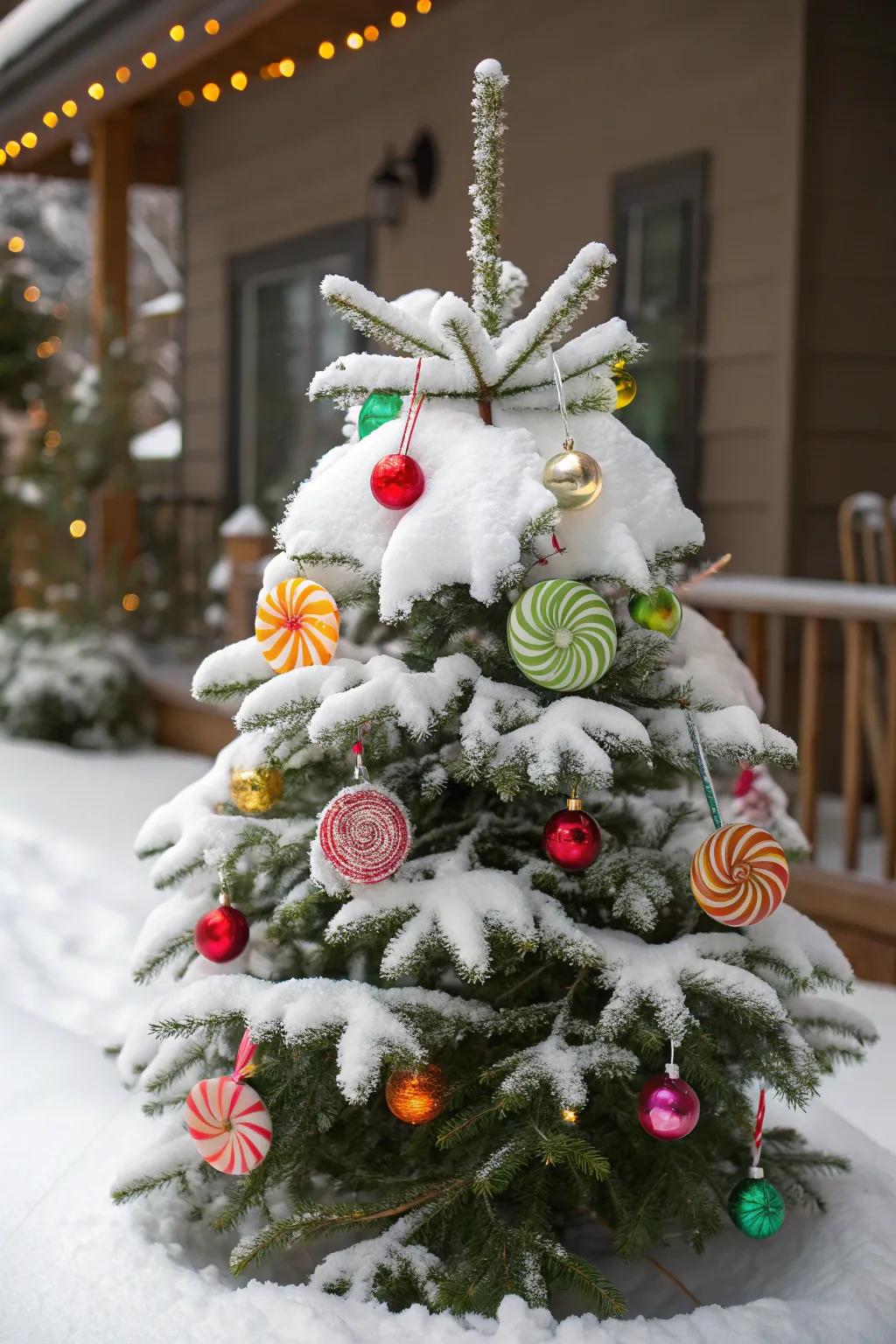 A whimsical candy theme for a playful snowy Christmas tree.