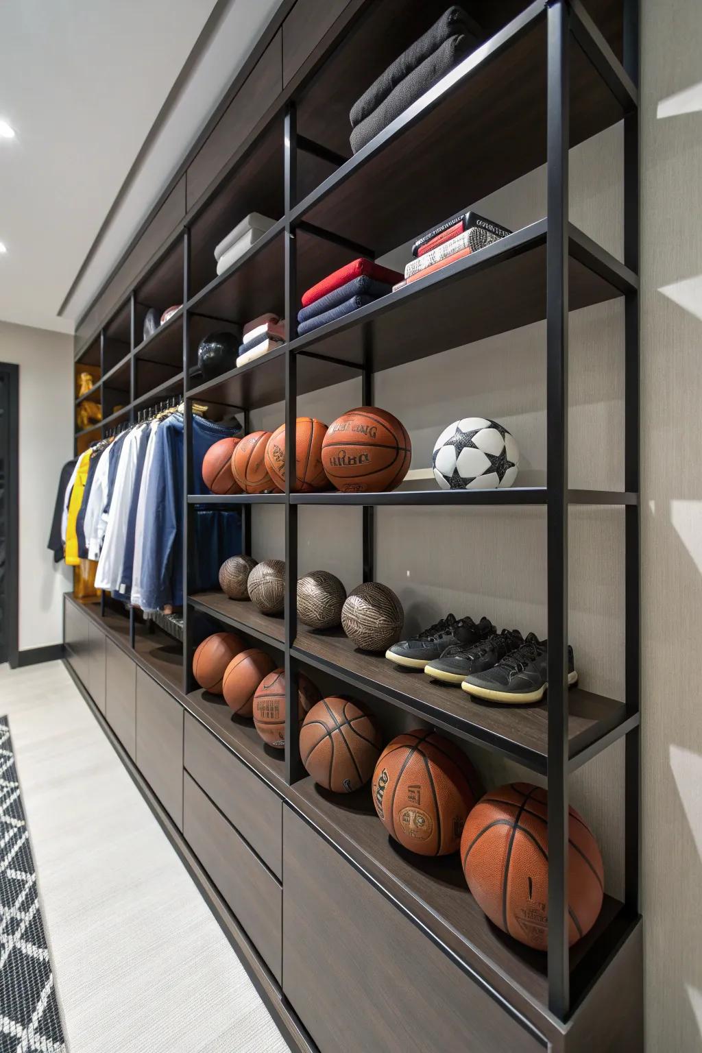 Maximize your closet space with stylish hanging shelves for all your sports gear.