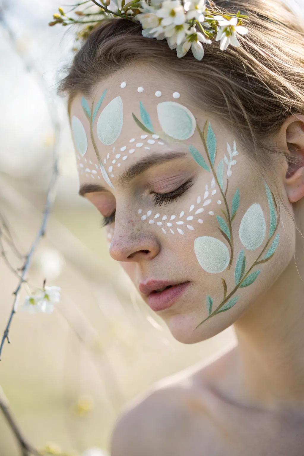 Embrace spring's renewal with a minimalist face paint of hatching eggs, symbolizing new beginnings.