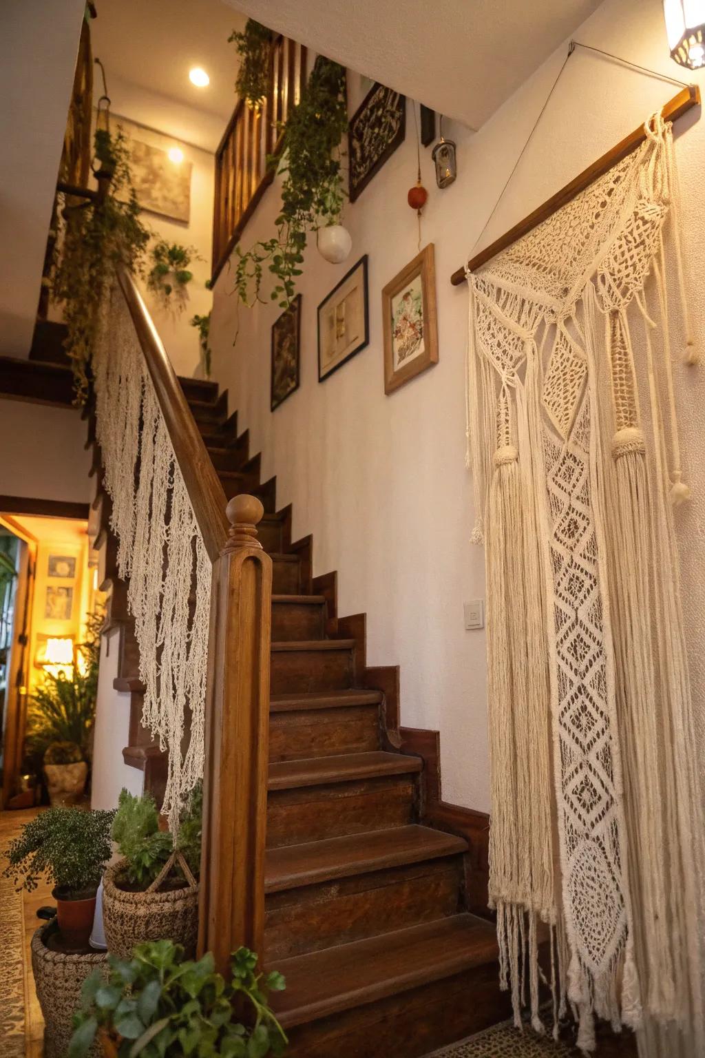 Macramé curtains bring texture and bohemian style to your stairwell.