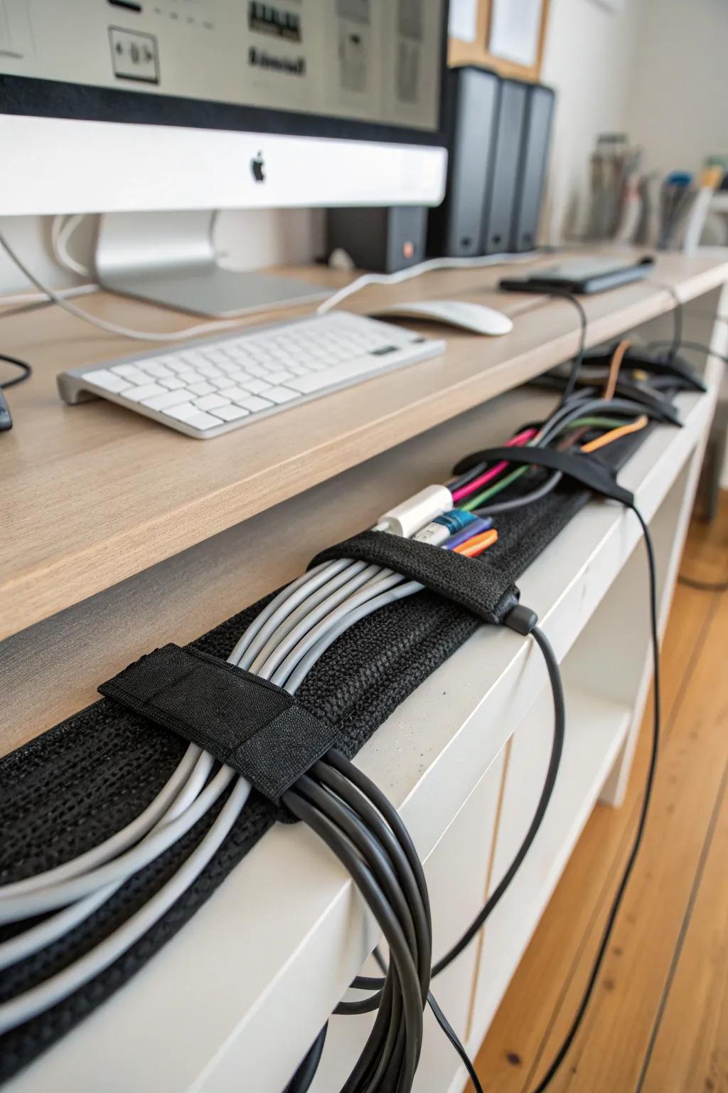 Velcro straps provide adjustable solutions for organizing cables.