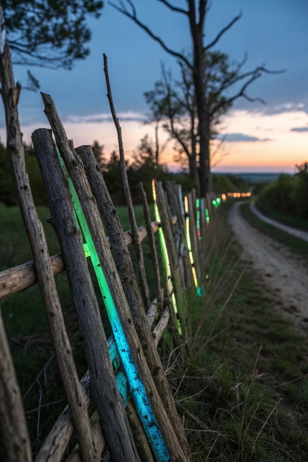 Transform your garden into an enchanted retreat with glow-in-the-dark stick fence accents.