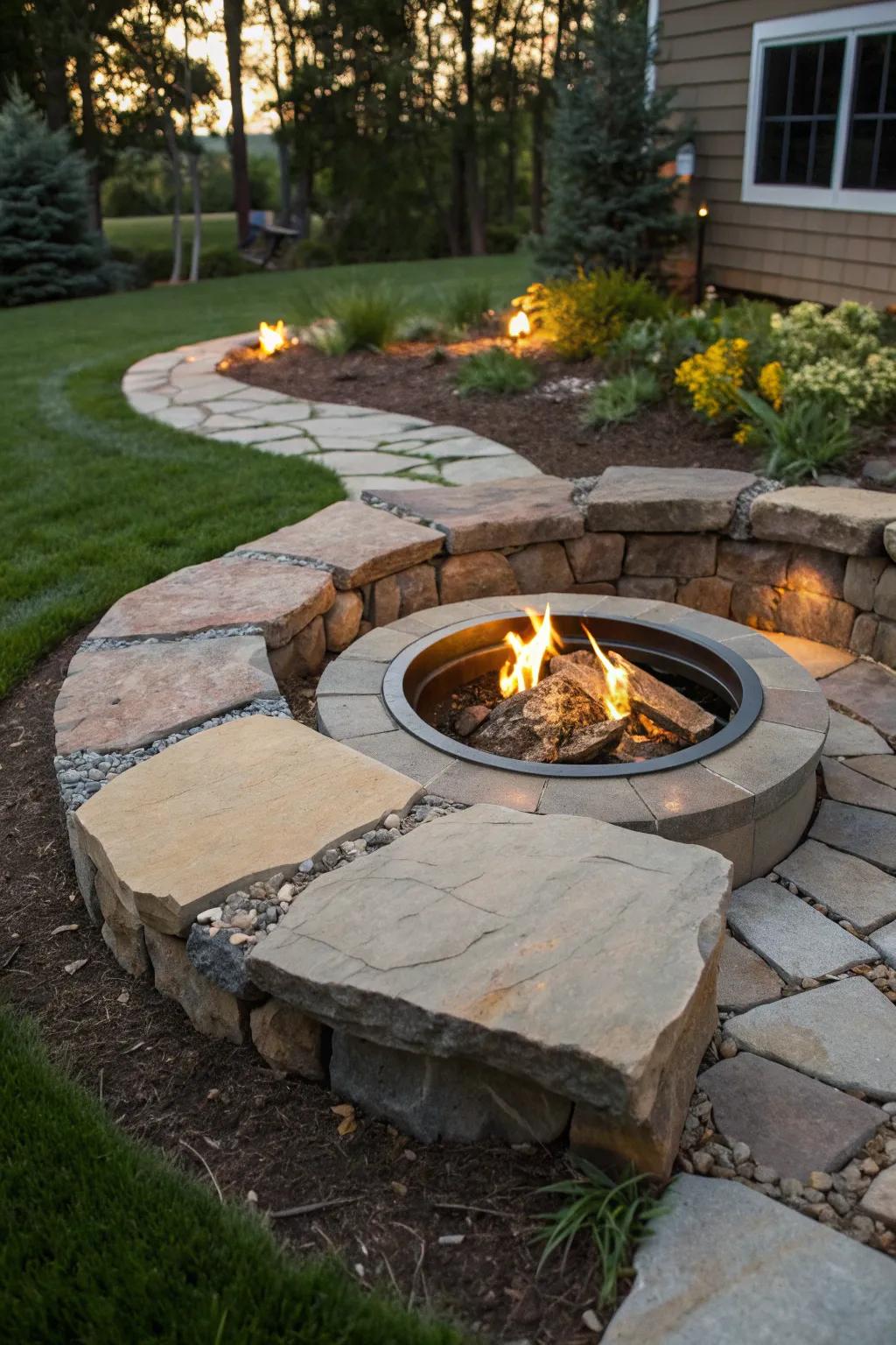 Transform your backyard with stylish stone edging around your fire pit for the ultimate cozy and safe outdoor space.
