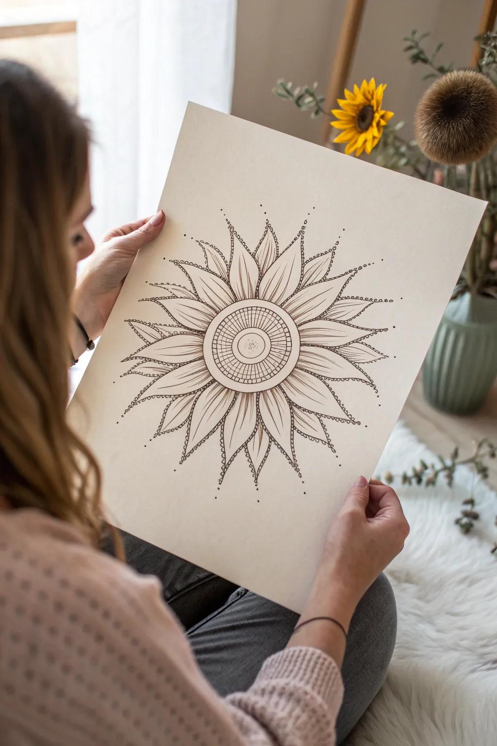 Embrace the warmth of nature with this sunflower-inspired sun drawing, a perfect blend of minimalist elegance and natural beauty.
