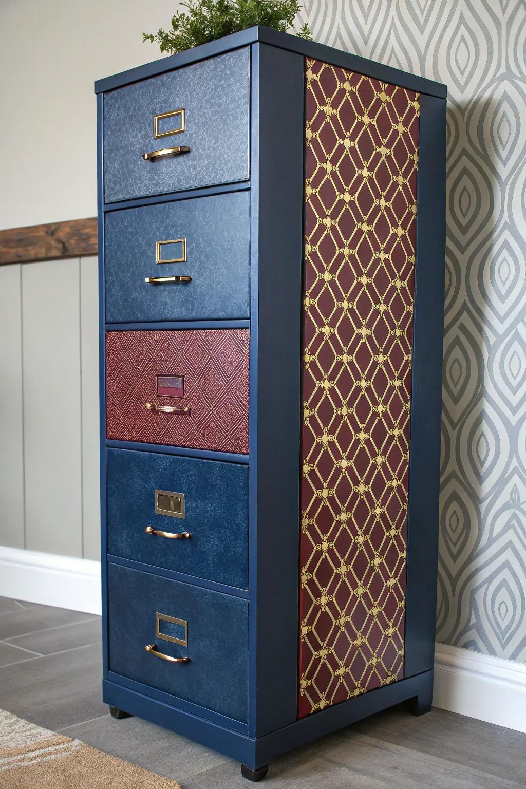 Unleash your creativity: Transform a filing cabinet into a masterpiece with paint, fabric, and wallpaper!