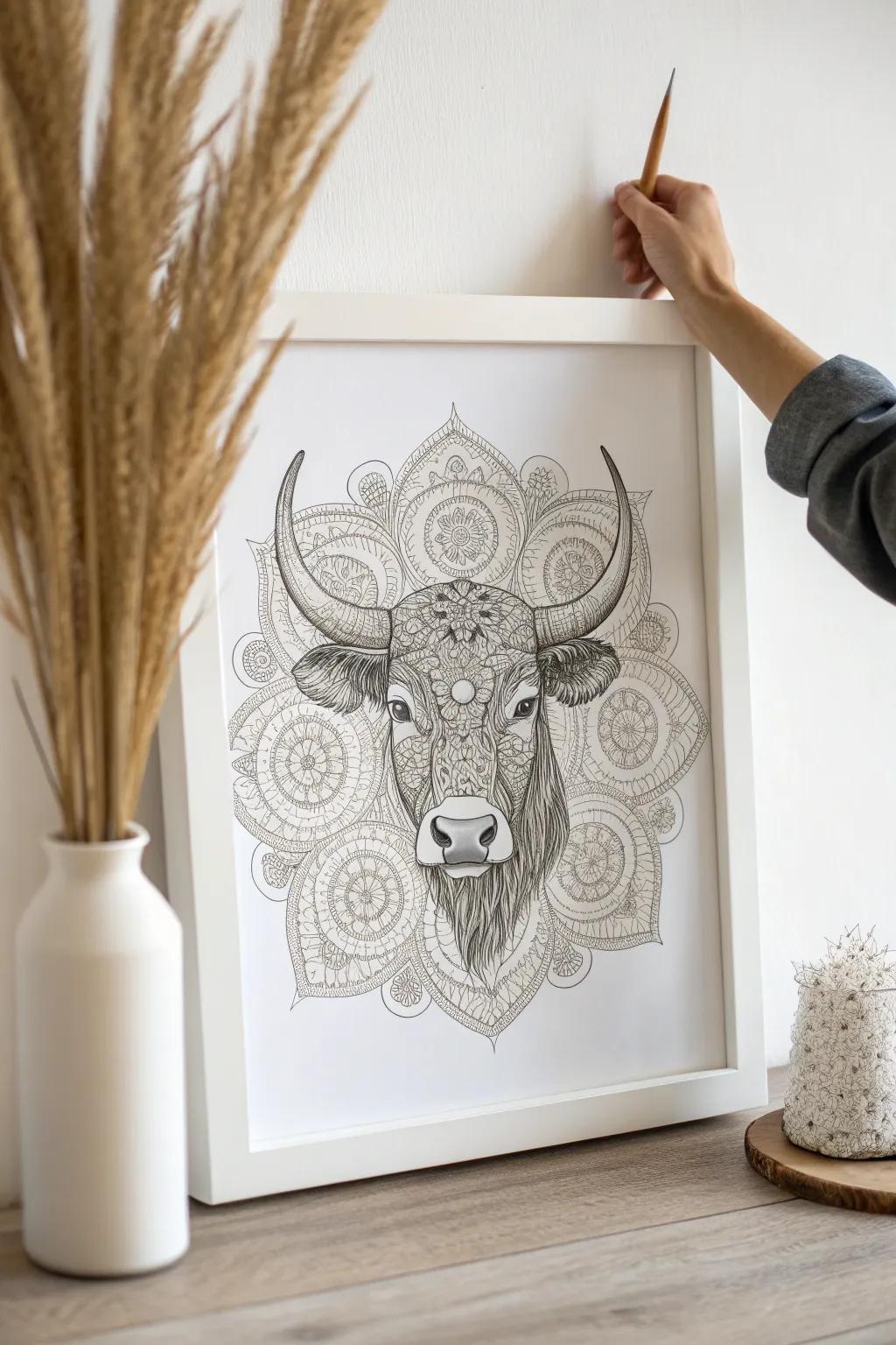 Find serenity in the intricate dance of mandala patterns on the majestic Taurus bull.