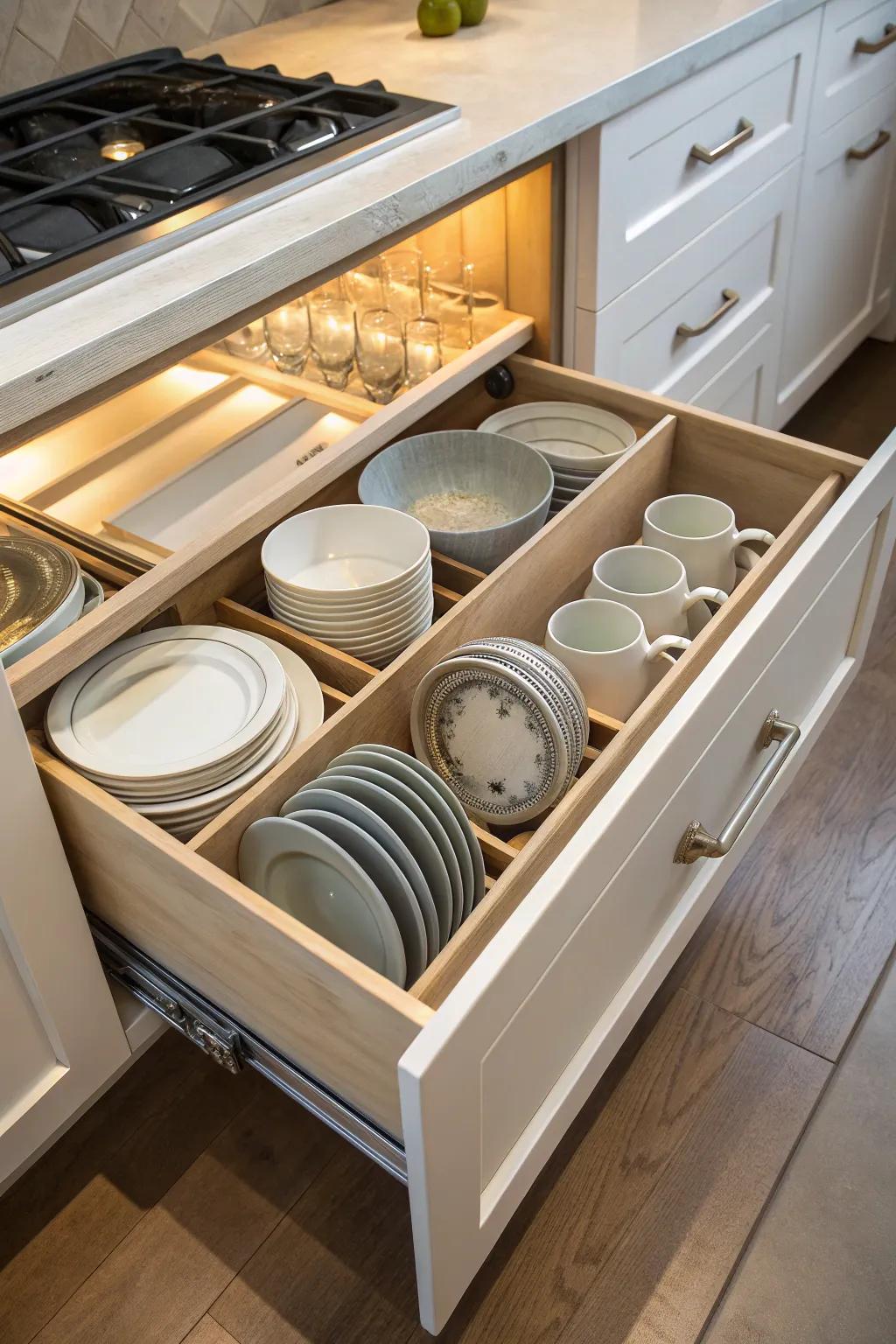Sturdy dish drawers with adjustable pegs for easy access.
