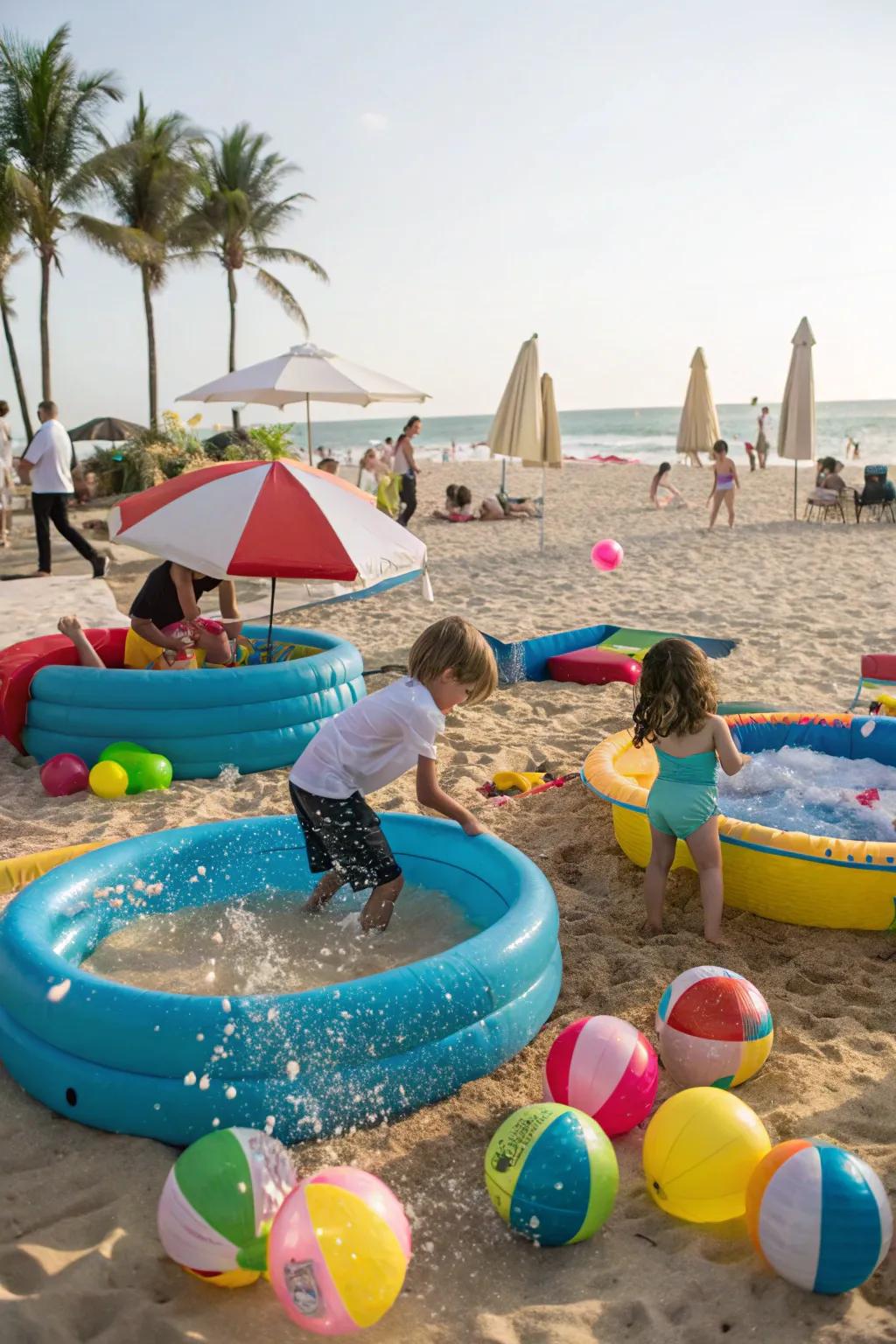 Beach-themed setup with playful sand and water activities.