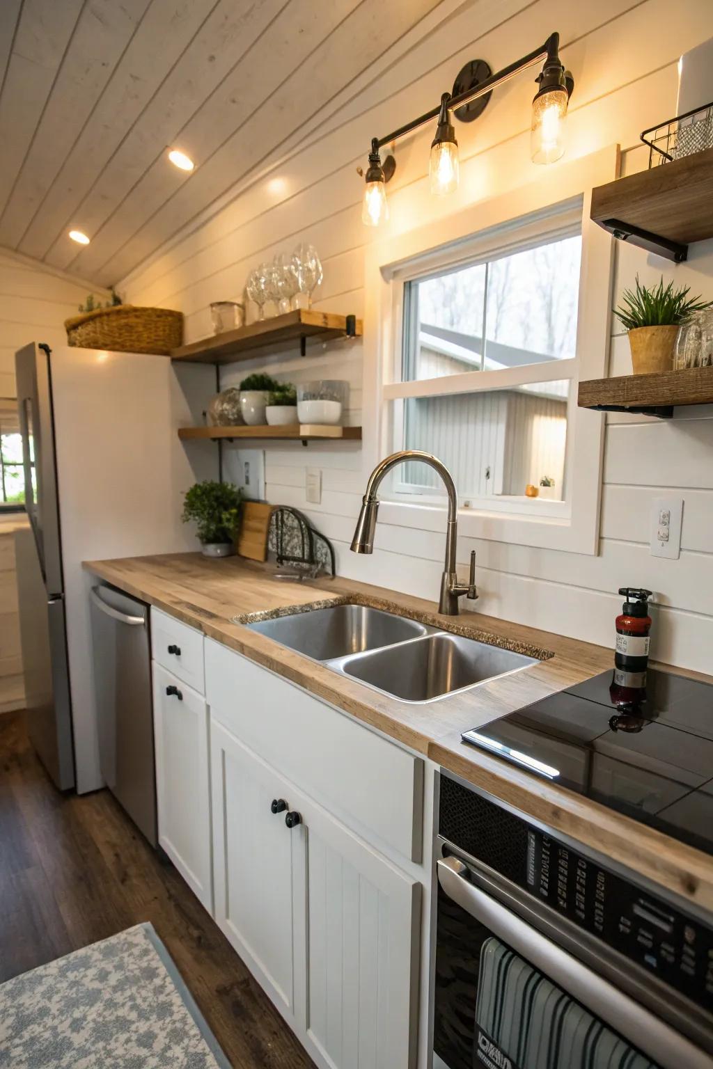Stylish lighting fixtures enhancing the sink area in a tiny house kitchen.