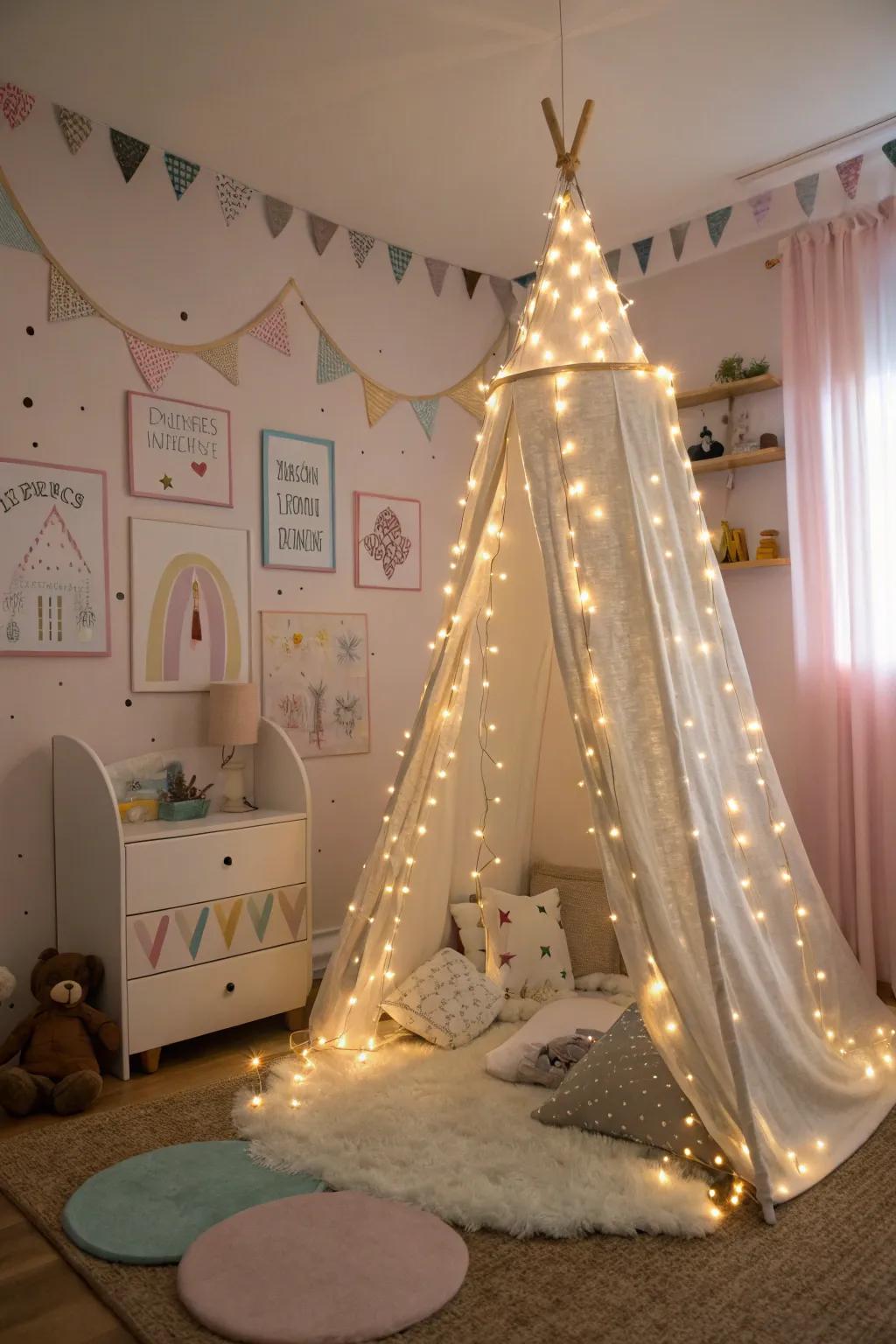 Fairy lights add a magical touch to the room.