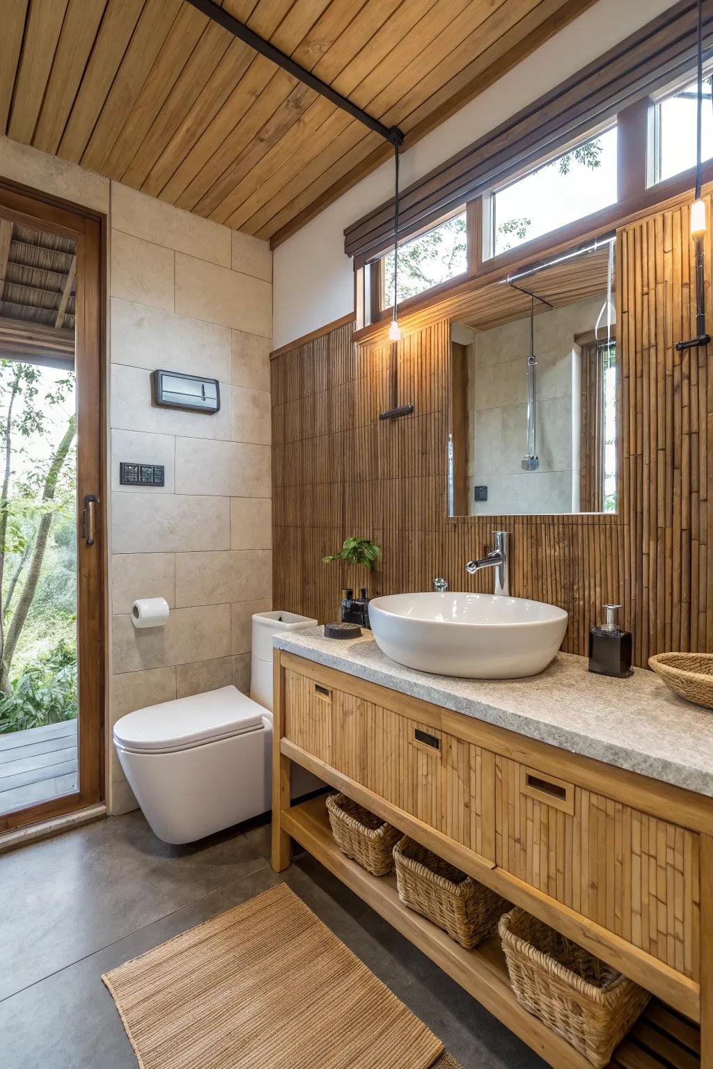 Sustainable design with eco-friendly choices in a toilet room.