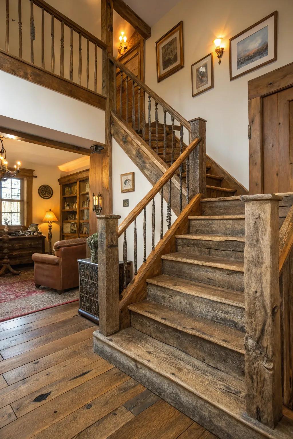 Reclaimed wood adds rustic charm to the staircase.