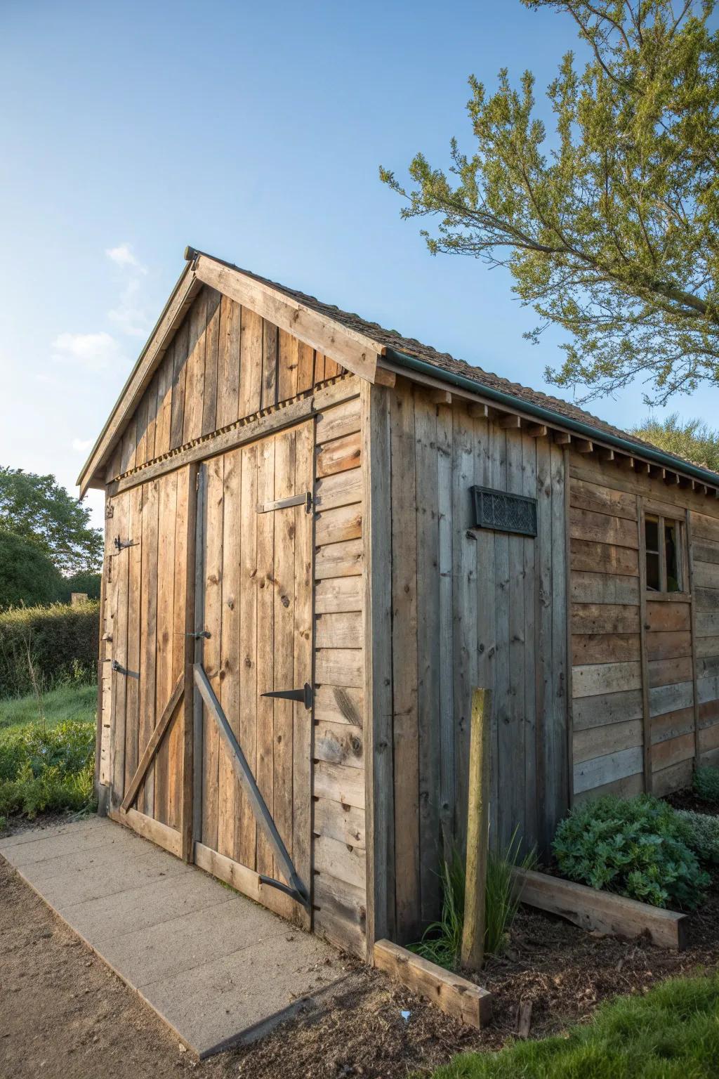 Sustainable style meets rugged charm: A tractor shed with a story in every board.
