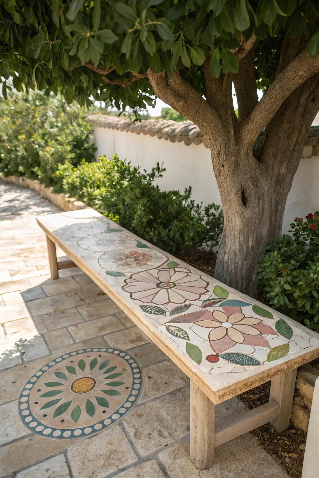 Transform your garden into an artistic oasis with a handcrafted mosaic tree bench.