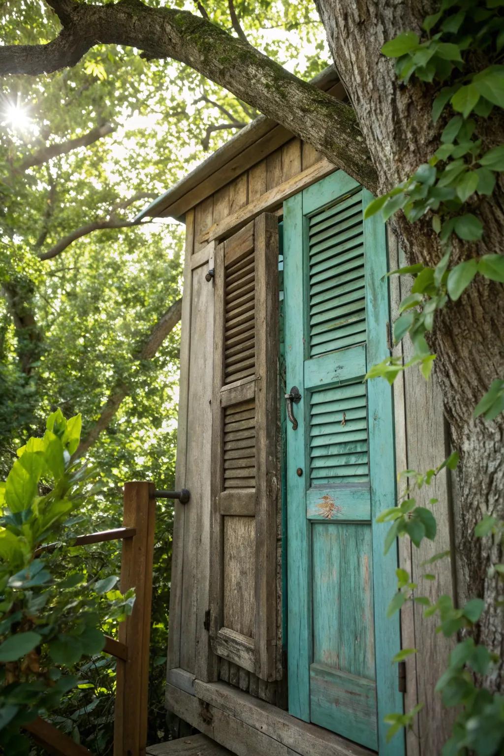 Transform your treehouse with a charming upcycled shutter door for a unique and sustainable touch.