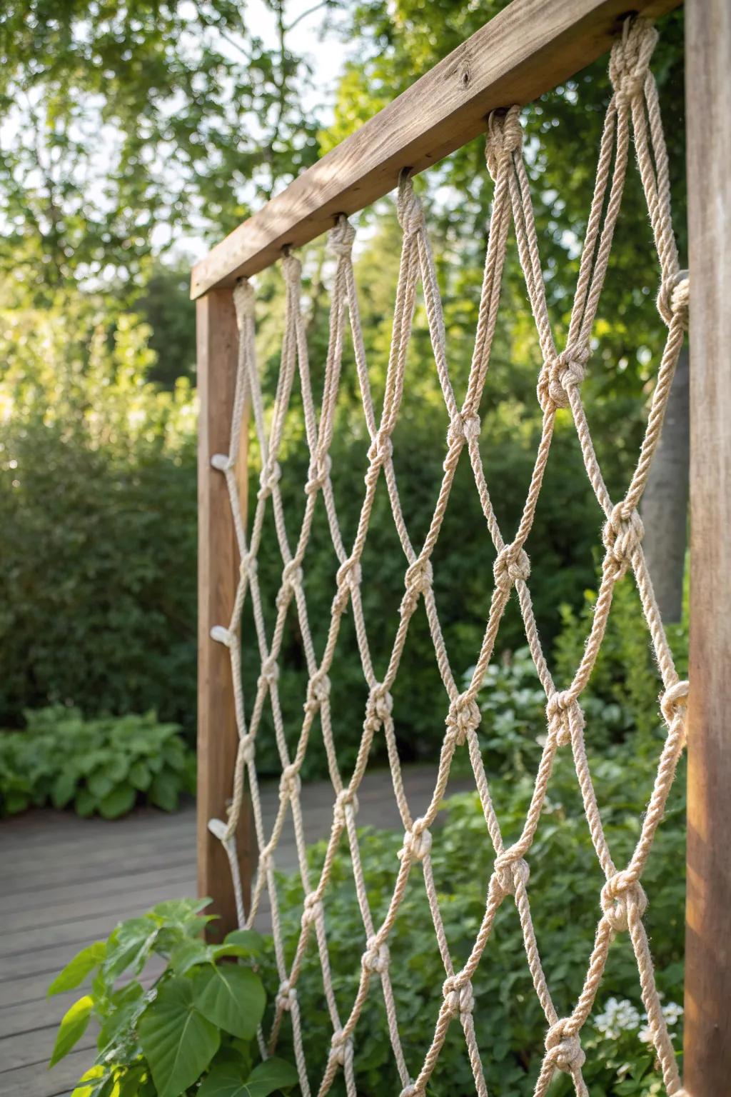 Elevate your garden with a charming rope netting trellis, perfect for climbing beans and a touch of nautical elegance.