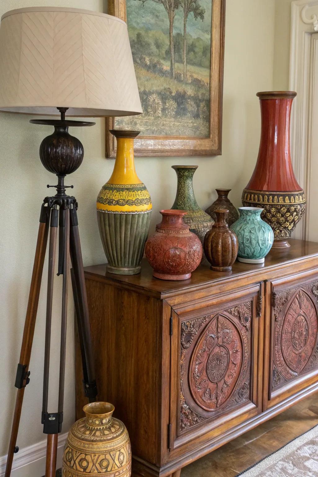 Eclectic styles in tripod vessels create a unique decor statement.