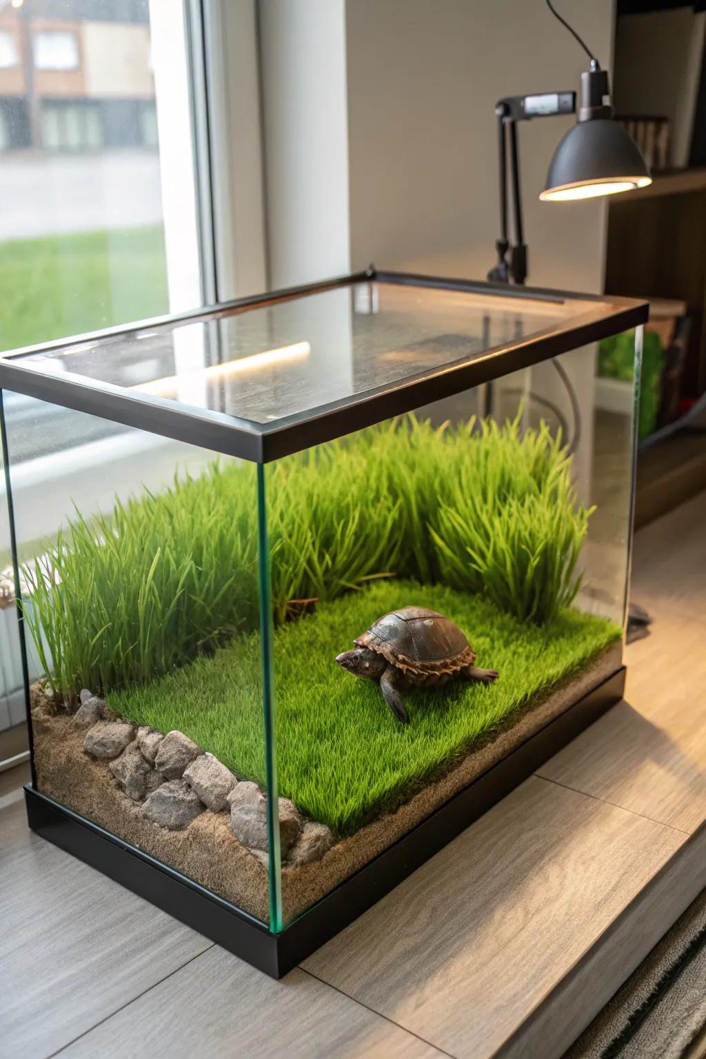 Create a serene grassy retreat for your turtle with a touch of Scandinavian elegance.