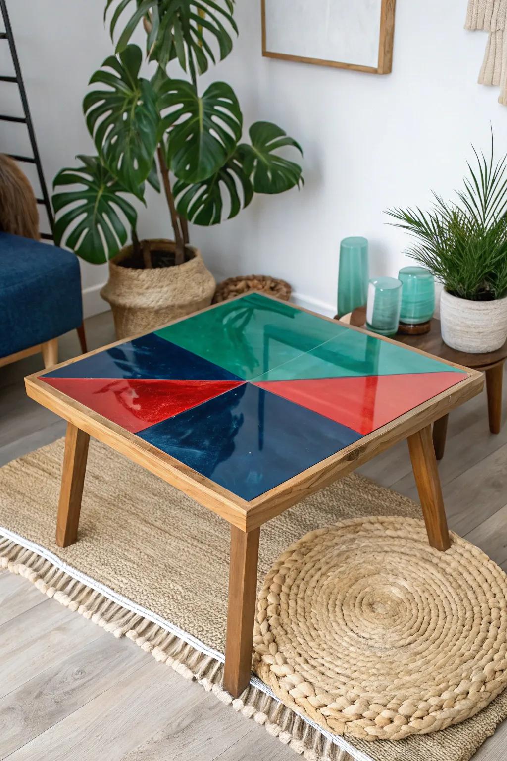 Add a splash of personality with bold color blocks in your epoxy table design!