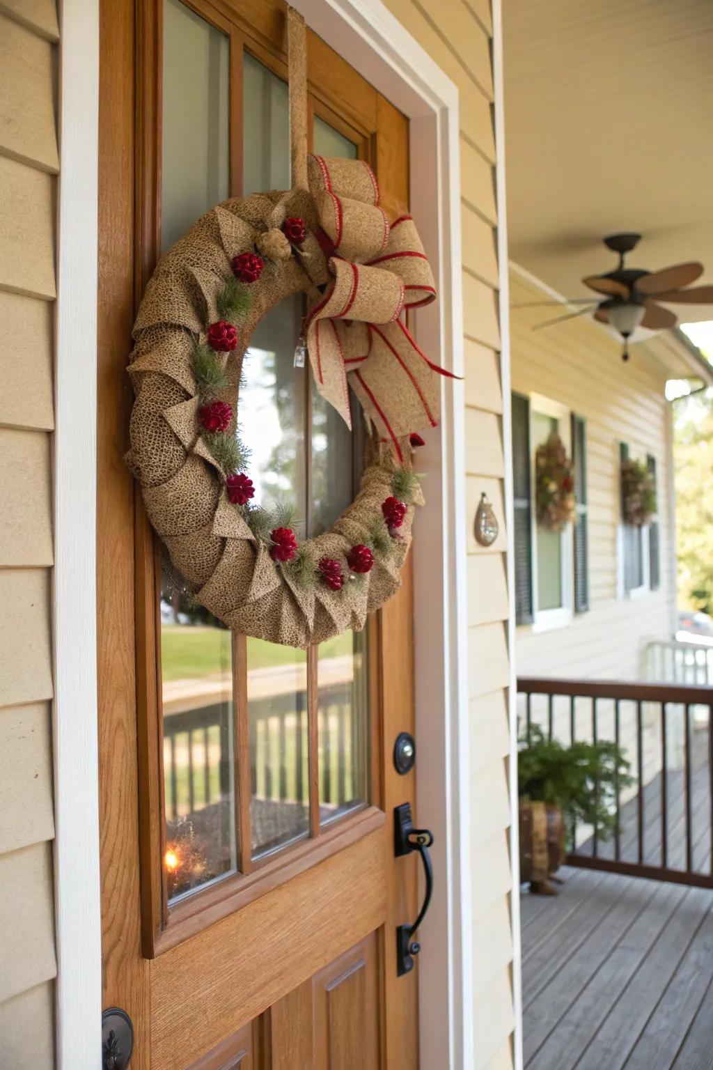 Burlap and ribbon create a rustic charm for your door.