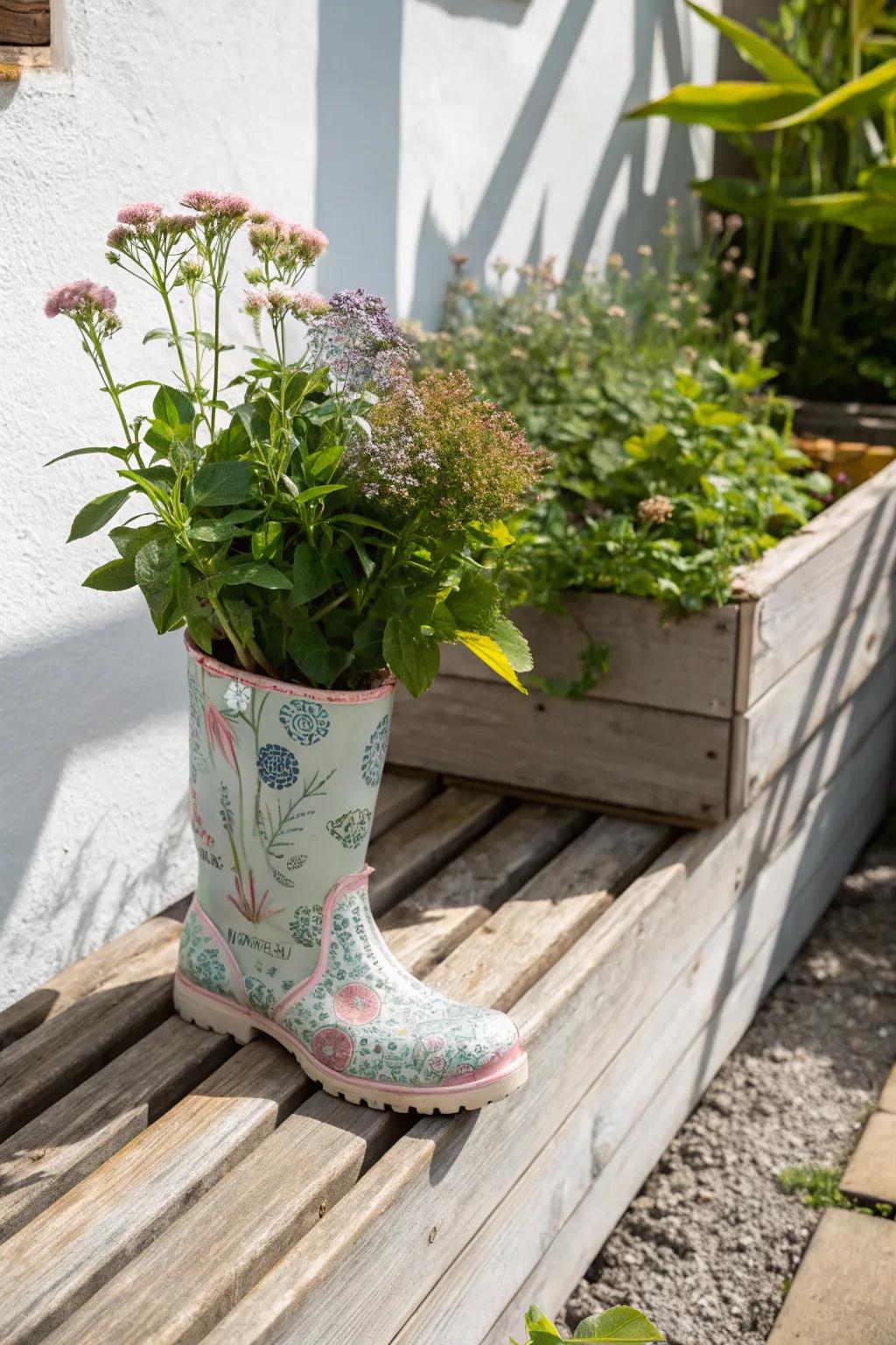 Give your garden a playful touch with upcycled rain boot planters!