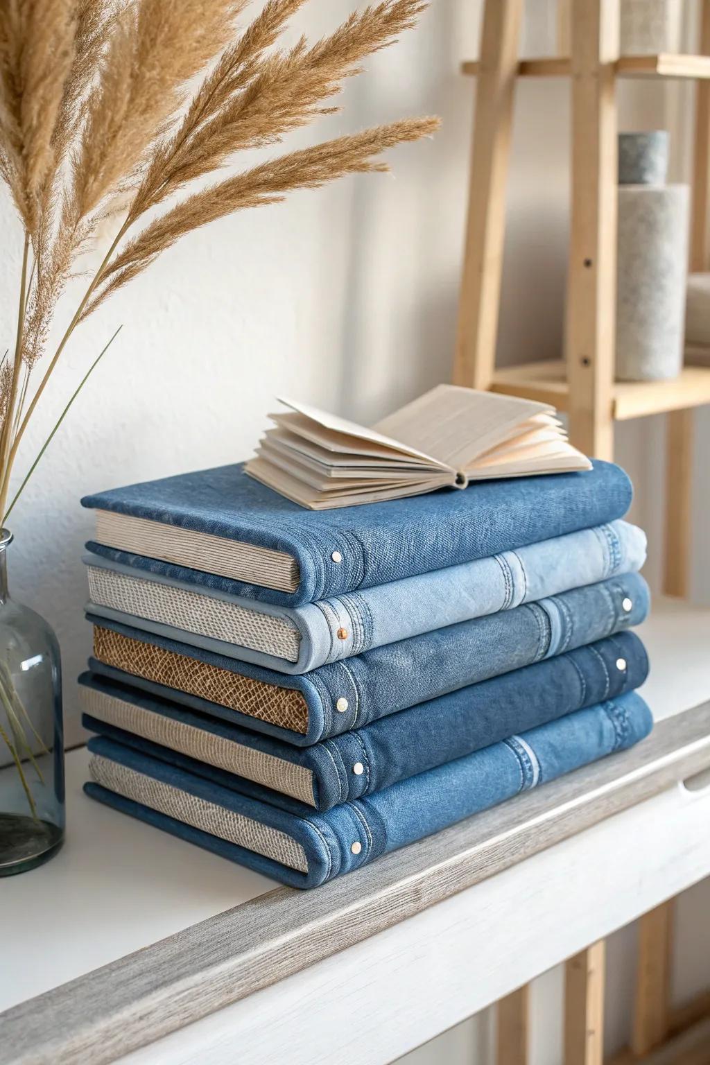 Transform your bookshelf with chic denim book covers—sustainable style meets Scandinavian simplicity.