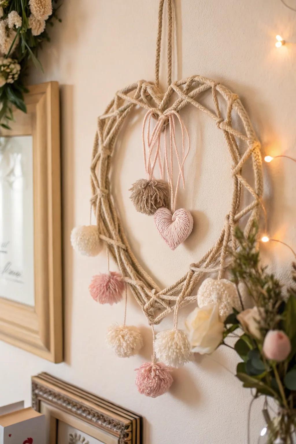 Add a touch of whimsy to your Valentine’s decor with this charming rustic yarn wreath. Perfect for lovers of minimalist beauty and boho flair.