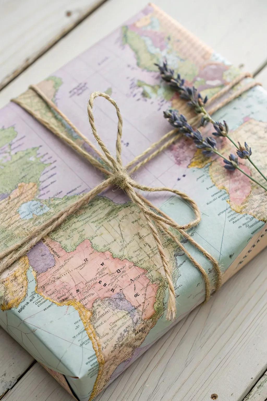 Wrap your gifts in wanderlust with vintage map paper—a perfect blend of simplicity and charm for the boho traveler.