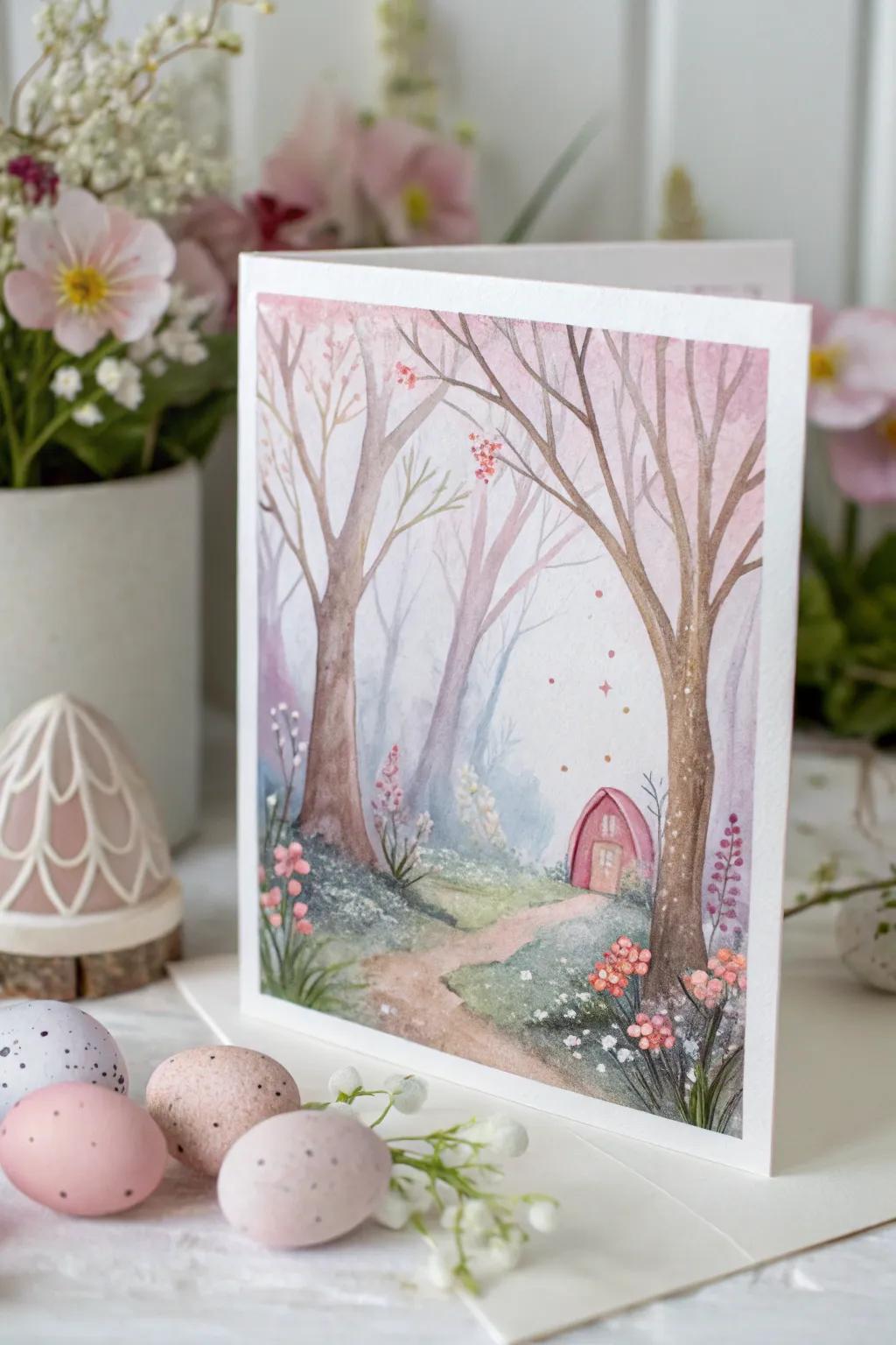 Step into a fantasy Easter world with this enchanting watercolor card.