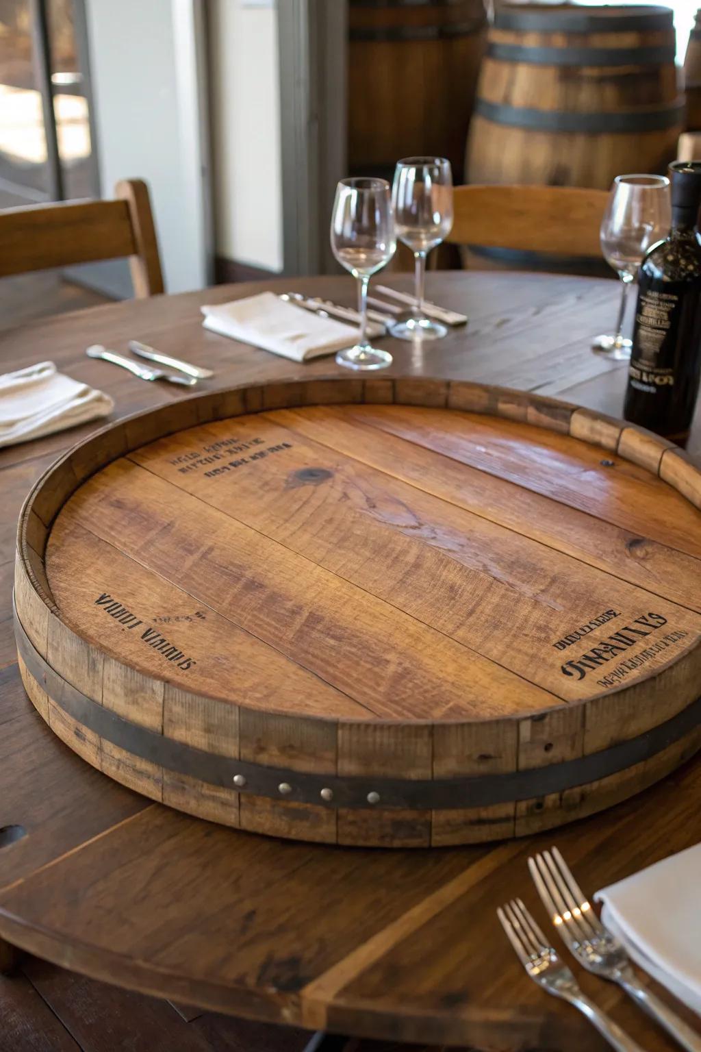Transform your table with a rustic yet refined lazy Susan, crafted from a vintage wine barrel top.