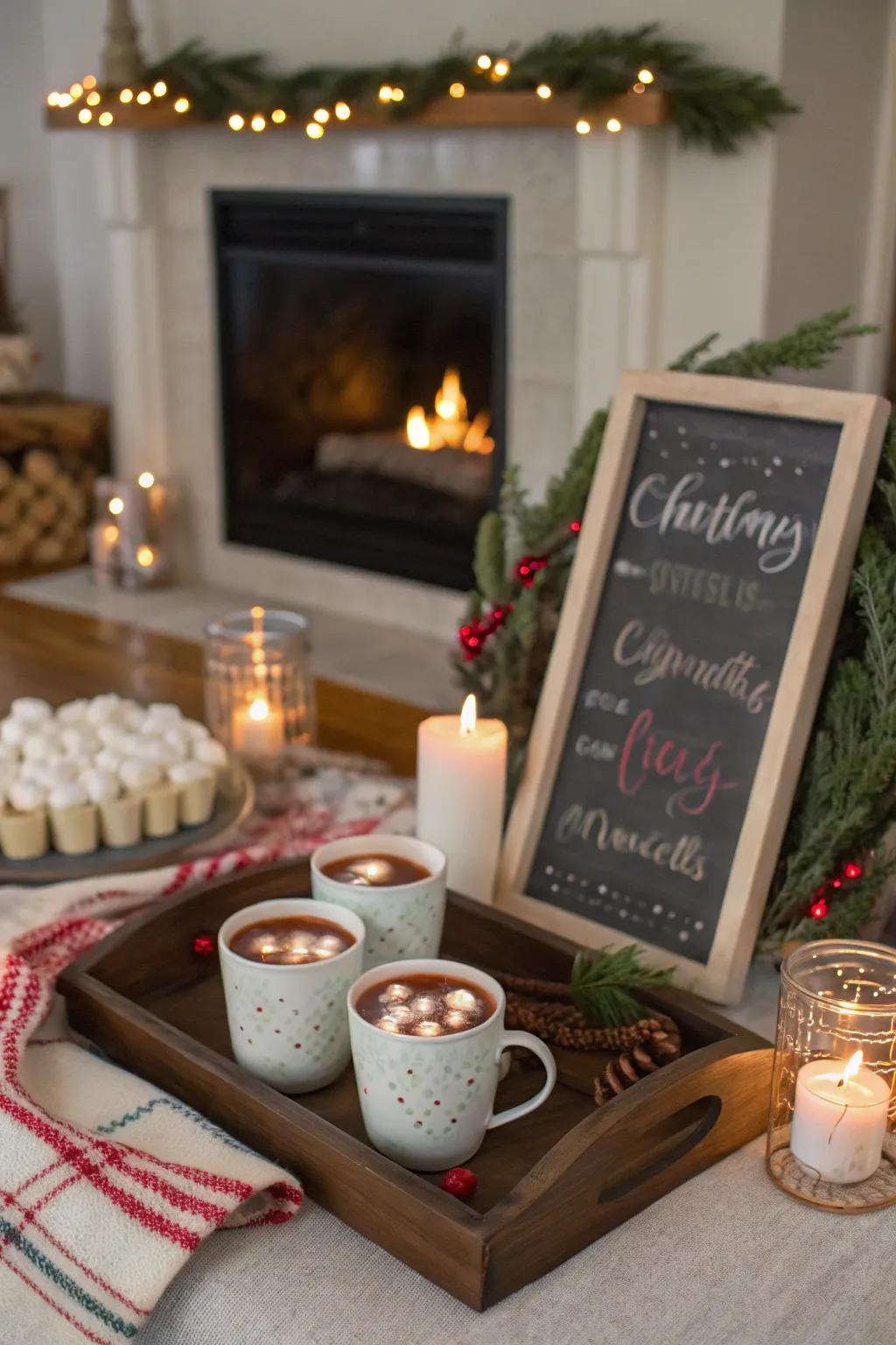 Create an inviting atmosphere with a hot cocoa corner.