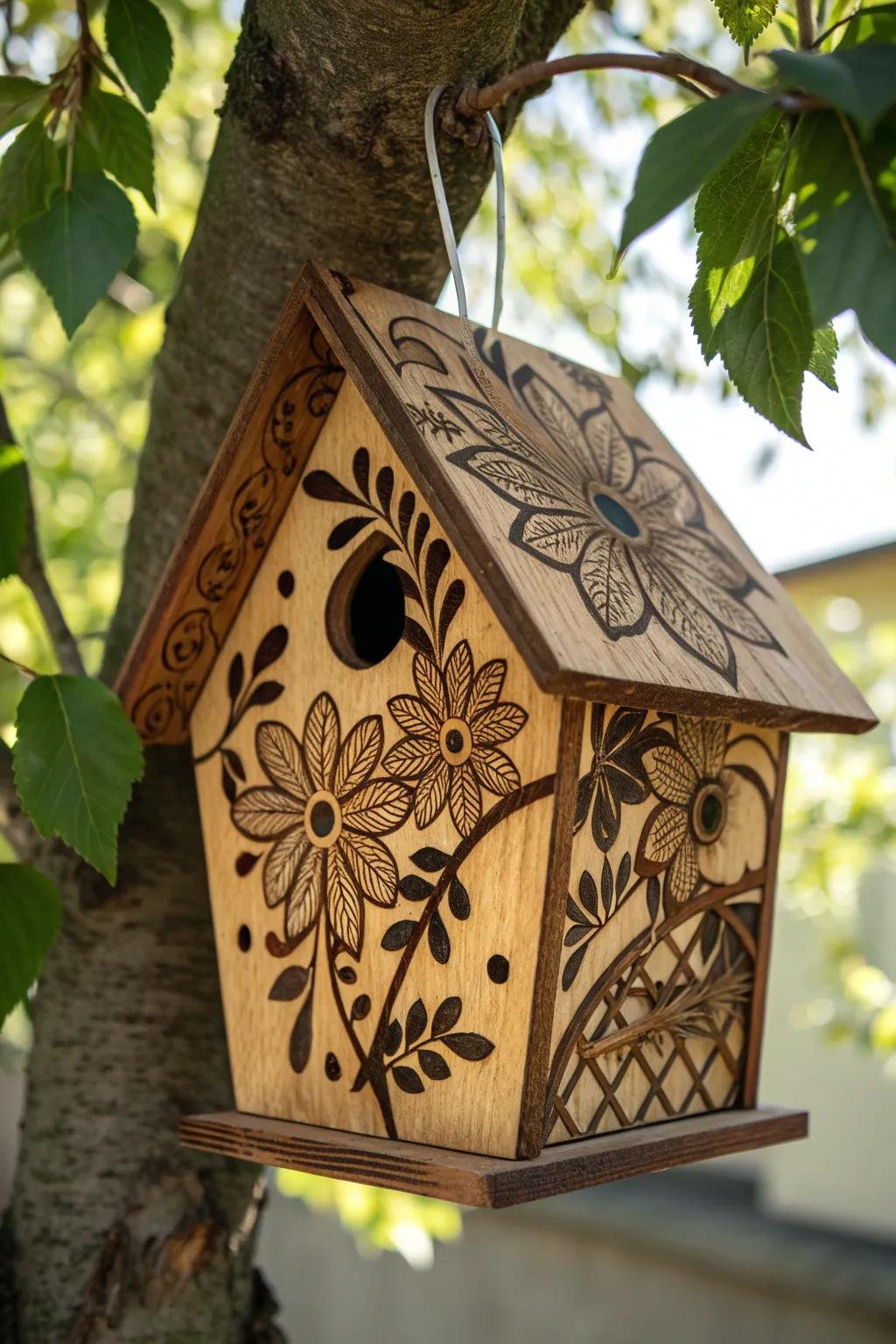 Elevate your backyard with a stunning floral wood-burned birdhouse – a charming haven for your feathered friends.