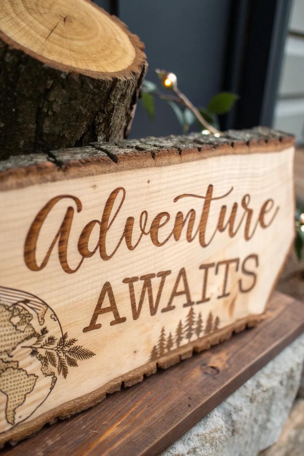 Set your sights on new horizons with this inspiring 'Adventure Awaits' wood-burned sign.