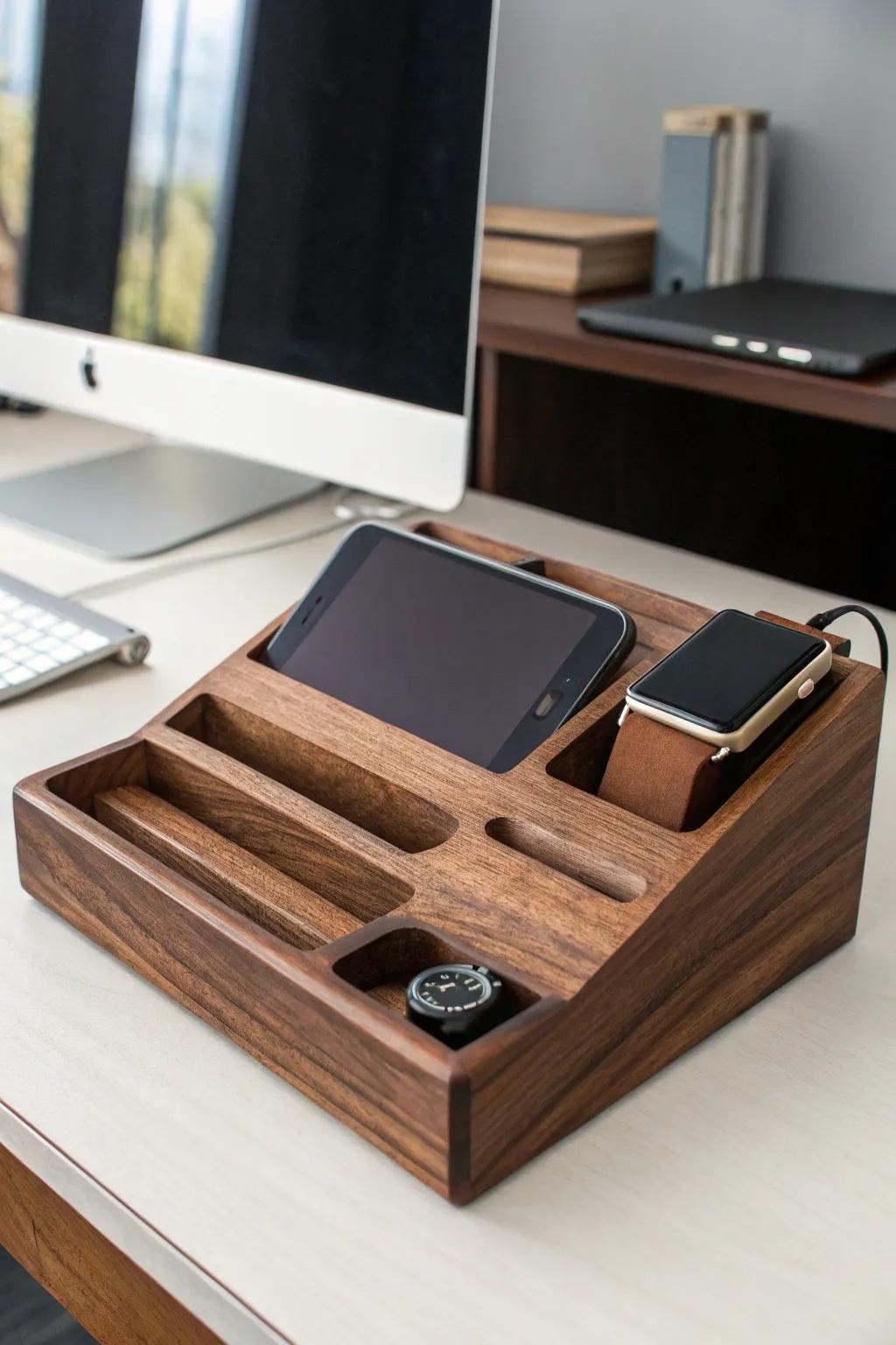 Elevate your workspace with this stylish wooden charging station that keeps your devices organized and your desk looking sharp.