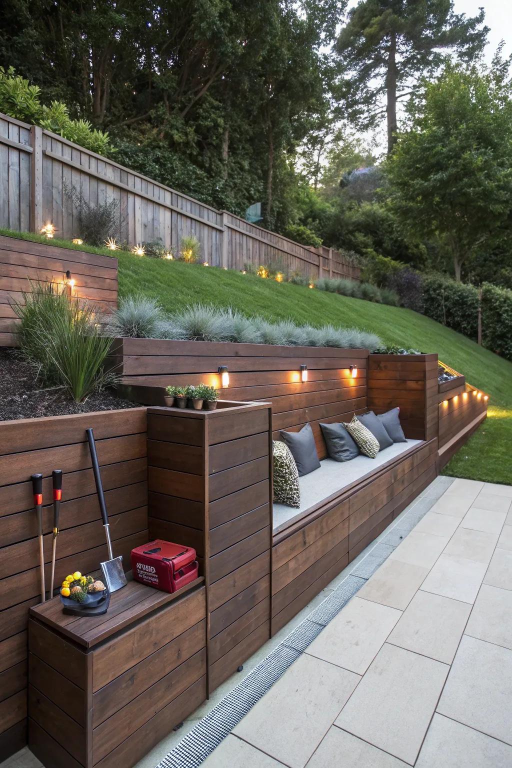 Transform your outdoor space with a stylish and functional wooden retaining wall, perfect for organizing and beautifying your backyard.