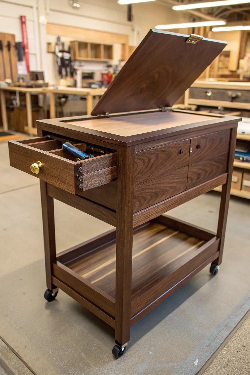 Revolutionize your workspace with this stylish flip-top cart, perfect for maximizing efficiency in small wood shops.