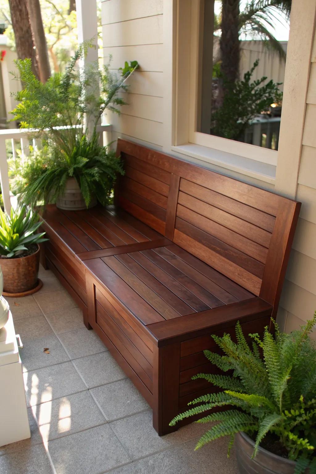 Transform your porch into a stylish sanctuary with this sleek wooden corner bench.