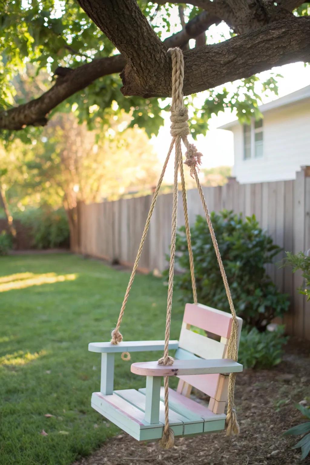 Embrace the charm of upcycling with this whimsical swing, a perfect blend of Scandinavian minimalism and boho flair.