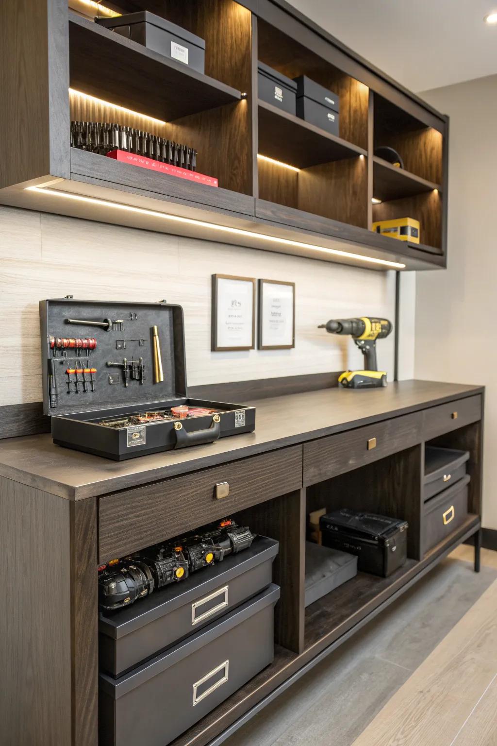 Elevate your workspace with stylish and efficient under-bench storage solutions.