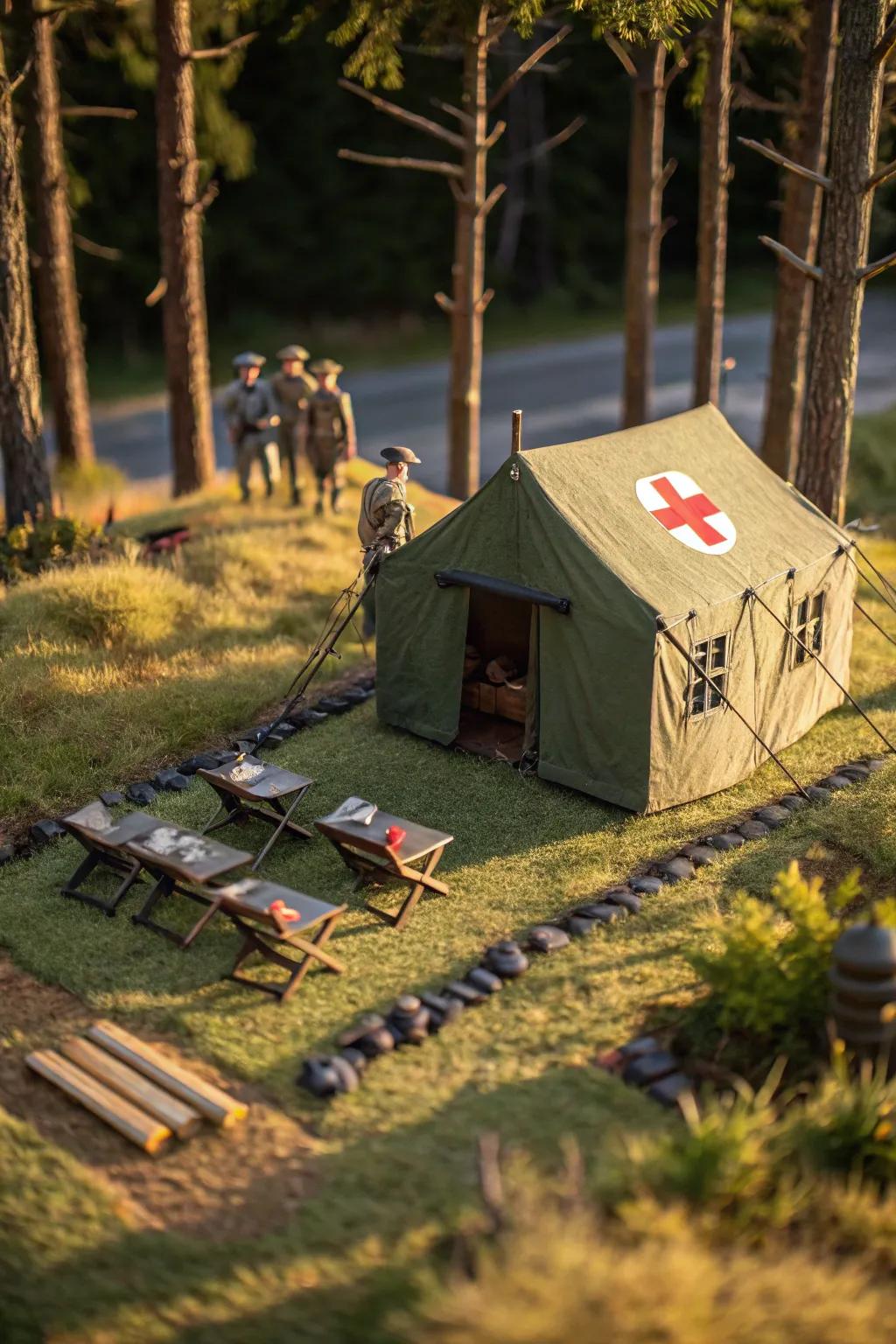 Experience the valor and dedication of WWII medics in a captivating field hospital diorama.