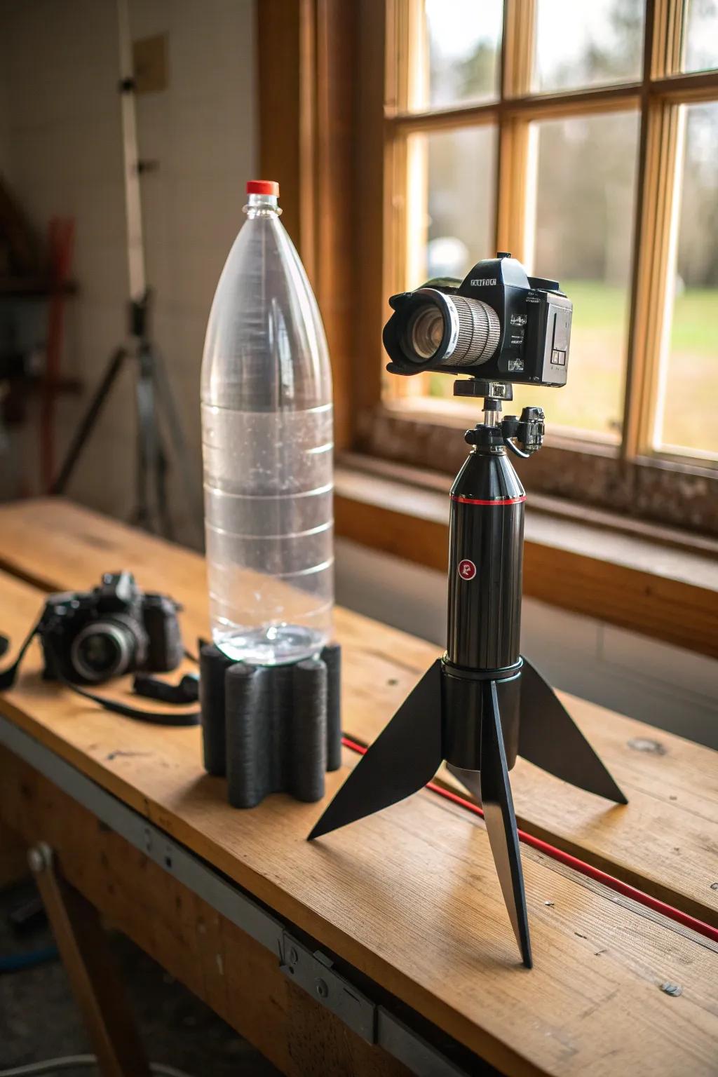 Elevate your launch experience with a handcrafted bottle rocket featuring a cutting-edge camera mount. Capture the thrill of flight!