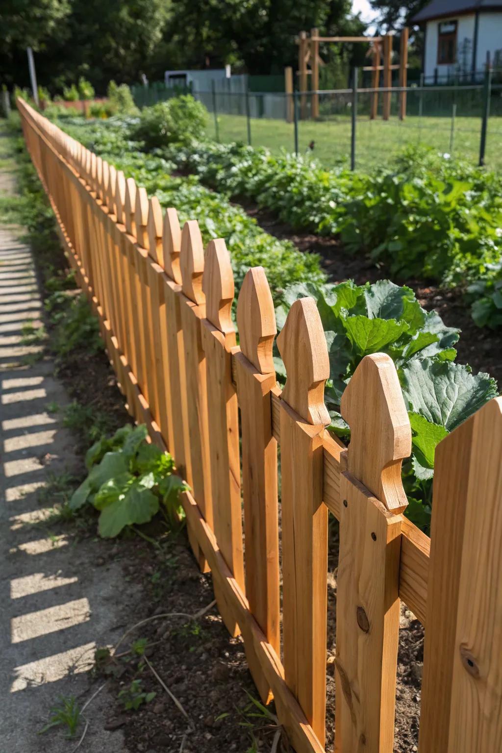 Embrace rustic elegance with a classic dog-ear picket fence that beautifully frames your garden.