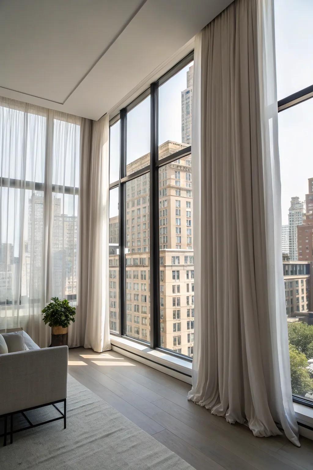 Floor-length curtains can add a touch of elegance and spaciousness to your studio.