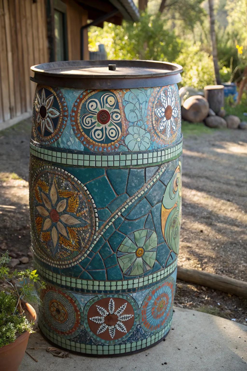 Transform your outdoor space with a mosaic-tiled burn barrel—where art meets function.