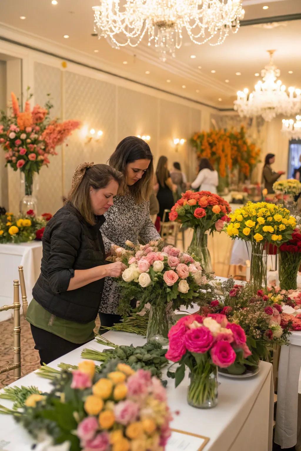 A floral arranging workshop setup for a creative celebration.