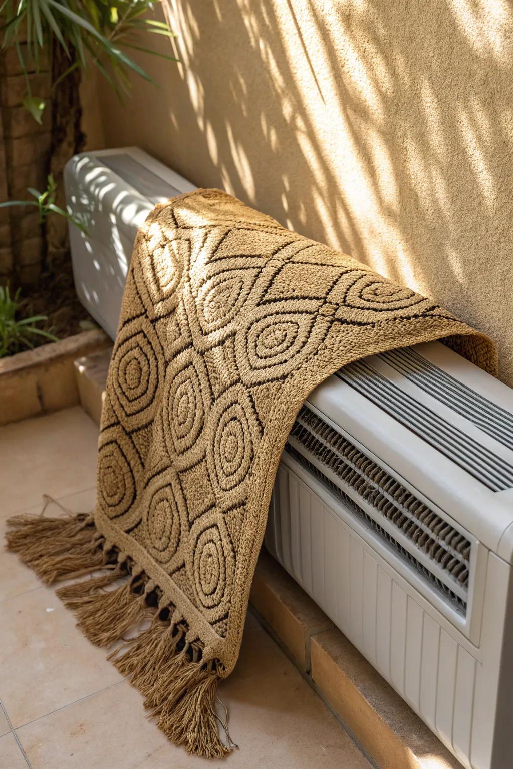 Elevate your space with the rustic elegance of a woven reed mat air conditioner shade.