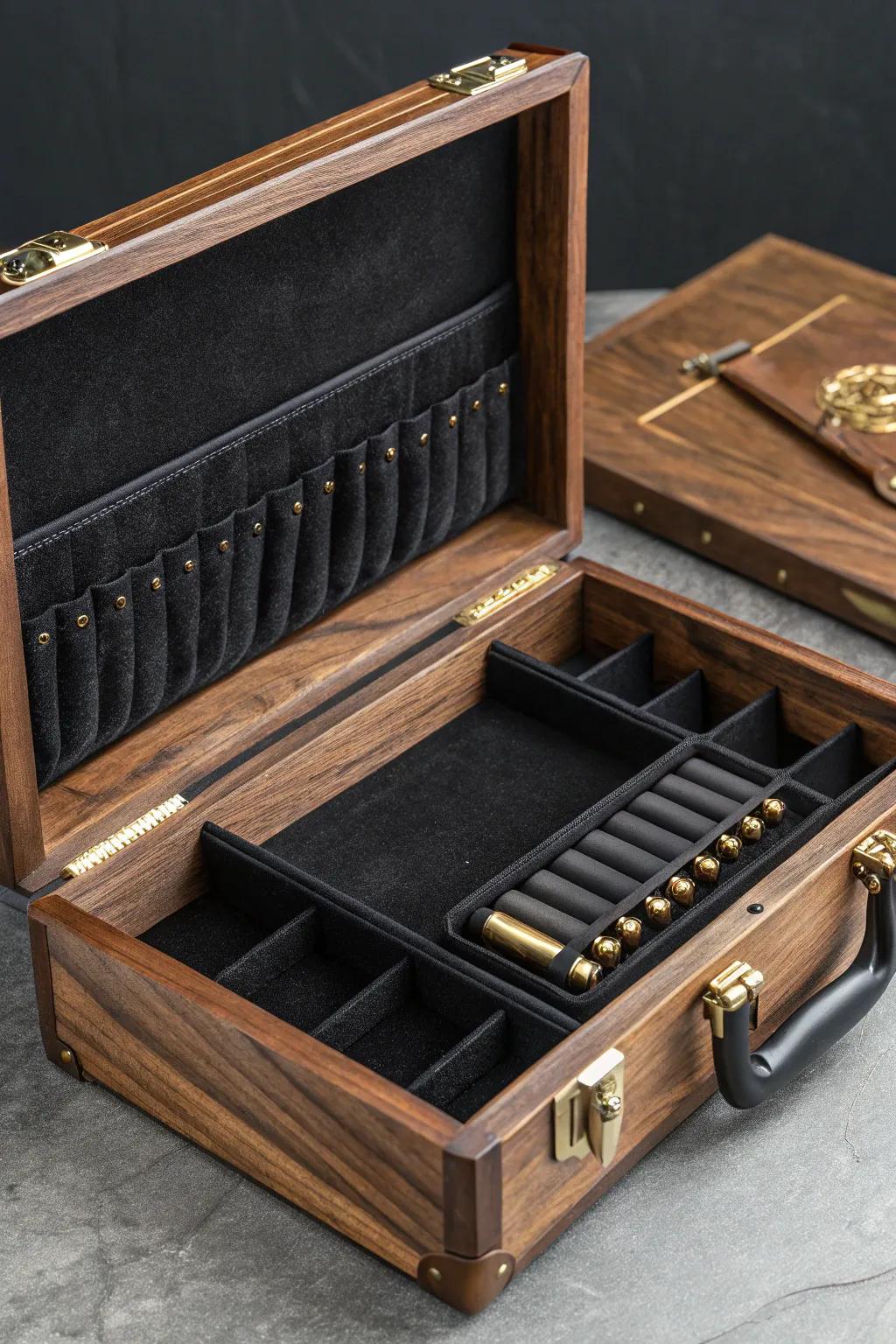 Elevate your gear game with this masterfully crafted portable ammo case, where elegance meets functionality.